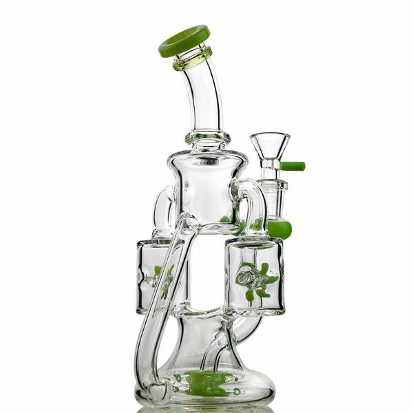 Einzigartige Wasserpfeifen Doppelrecycler Glasbong Propeller Percolater Wasserpfeifen Grün Lila Glasbongs 14mm Joint Oil Dab Rigs mit Schüssel