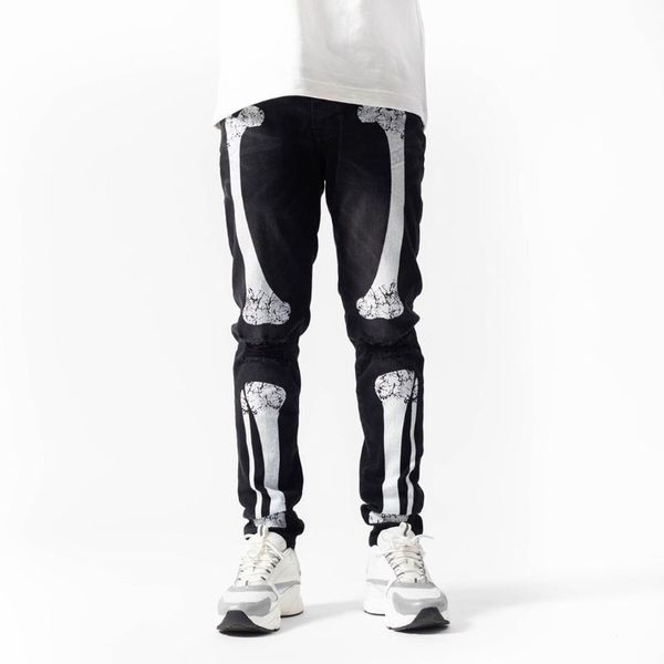 

men's jeans high street quality wash do old skull print hole stretch slim foot men, Blue