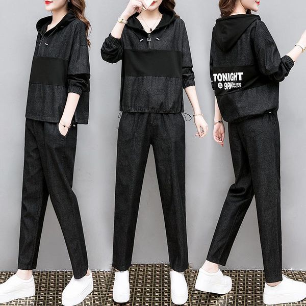 

two piece dress tracksuit for women denim 2021 spring women's plus size hooded cowboy jacket fashion suit female casual jeans set, White