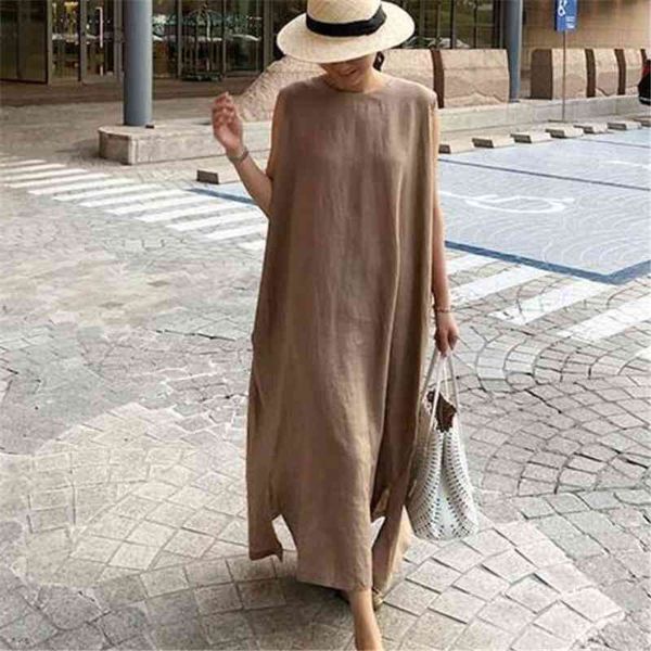 

lanmrem round neck sleeveless pullover loose floor length korea styles linen and cotton big size dress girl's over size 2a03601 210325, Black;gray
