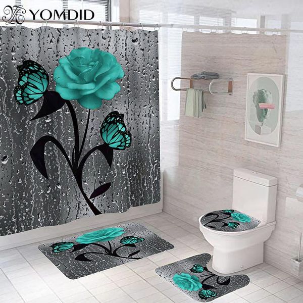 

shower curtains red rose&butterfly bathroom non-slip mat set durable waterproof curtain pedestal rug lid toilet cover bath rugs