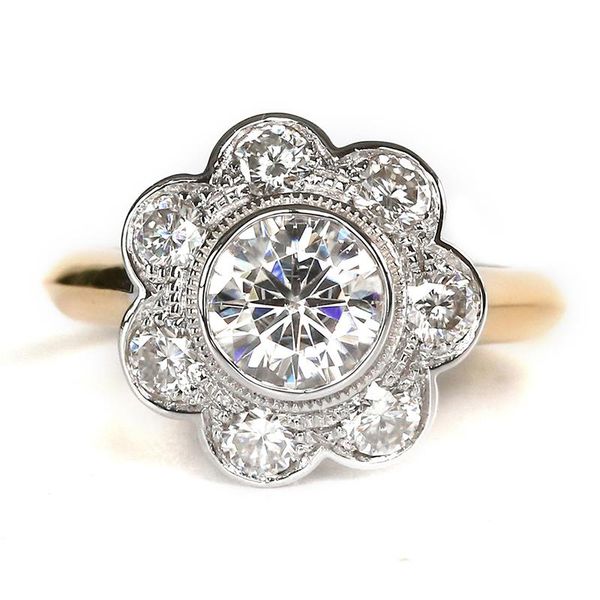 

cluster rings transgems 1.7 ctw lab grown moissanite diamond flower shape wedding engagement ring solid 14k two tone gold band for women, Golden;silver