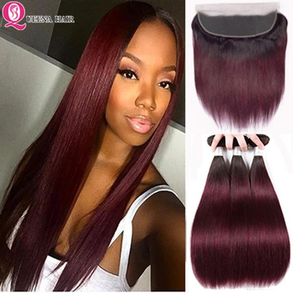 

human hair bulks ombre 1b/99j bundles with frontal closure 99j wine red straight peruvian 2, Black