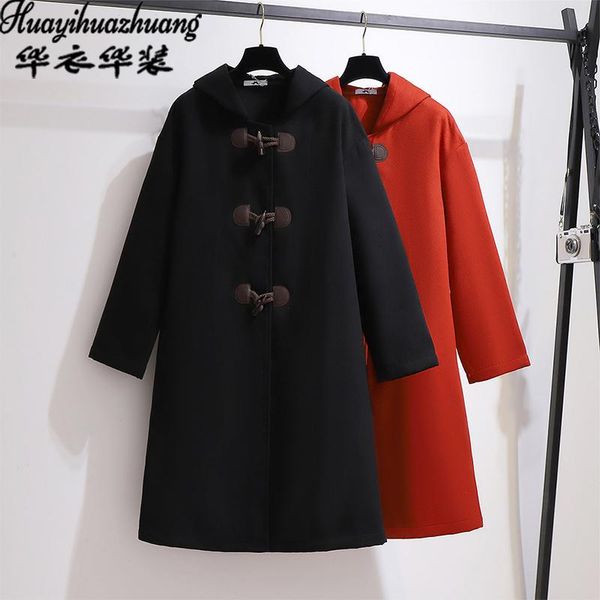 

women's trench coats korean version of thick double-sided woolen plus size autumn fat mm sister coat long horn button, Tan;black