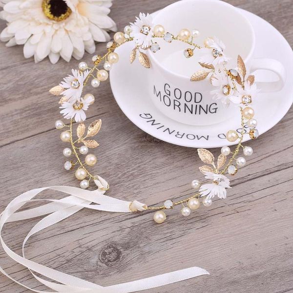 

hair clips & barrettes white flower headbands for women faux pearls rhinestone headband hairpin wedding dress accessories bride ornament, Golden;silver