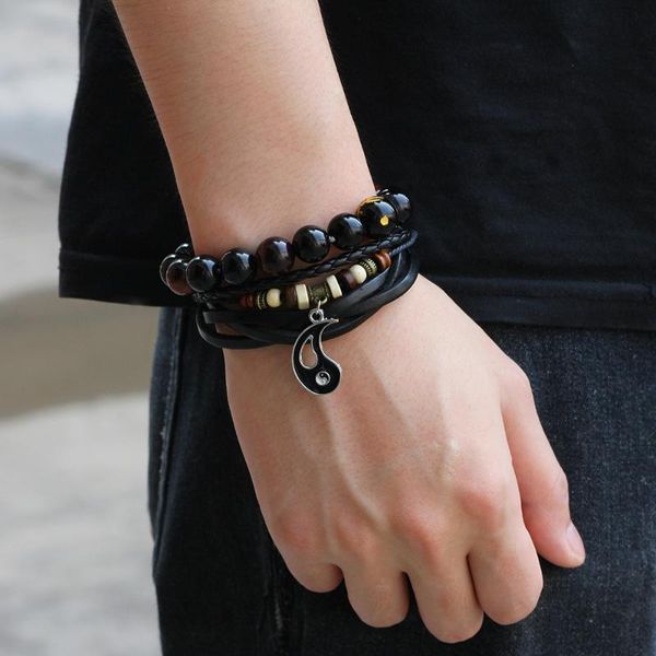 

charm bracelets style bracelet yin yang taiji bagua retro leather handmade beaded for unisex, Golden;silver