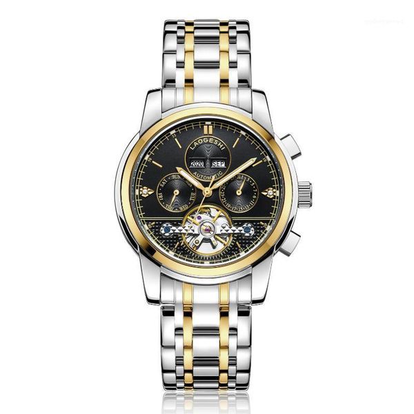 

wristwatches laogeshi automatic mechanical watch tourbillon waterproof men's luminous mens diamond-embedded men, Slivery;brown