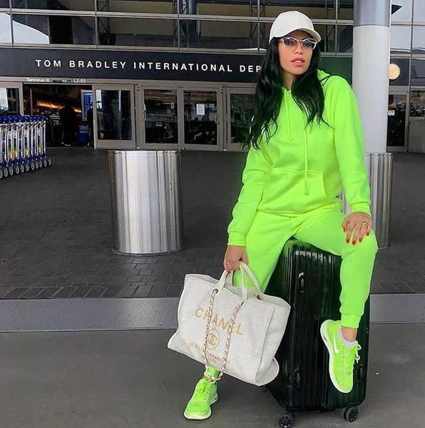 

women's thick long sleeved sweatpants, two neon green dresses, monochrome, hooded sweatshirt, coat and pants, jogging suit, White