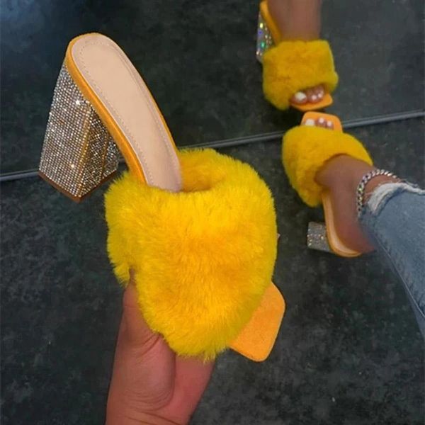 

sandals summer 2021 women fur rubber high heel rhinestone platform outdoor leisure slippers banquet party, Black