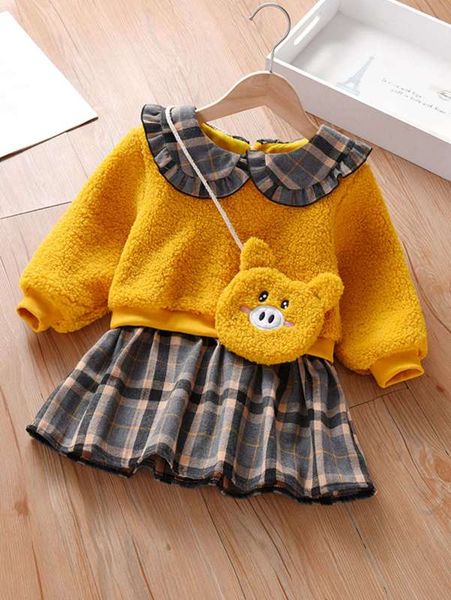 

toddler girls plaid panel peter-pan collar teddy dress with bag she, Red;yellow