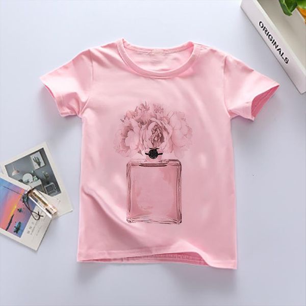 

fashion childrens summer short sleeved t shirt boy romantic flower and perfume pattern pink dress cute cartoon girl top, Blue