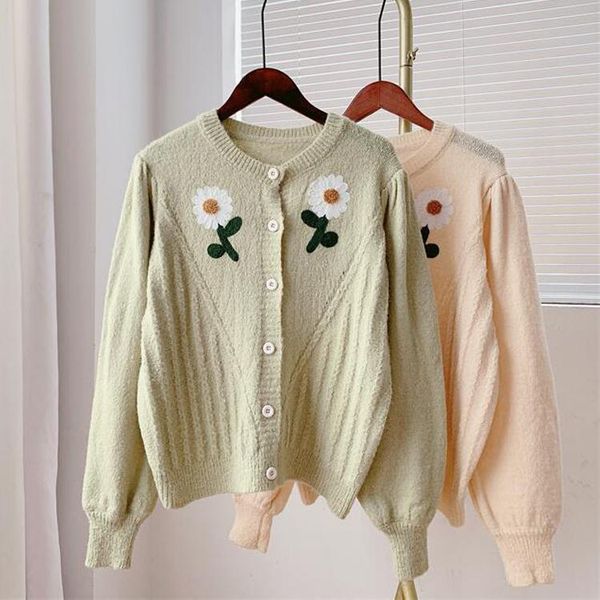 

women's knits & tees 2021 autumn cardigans o-neck flower knitted women long sleeve single button loose sweater female, White