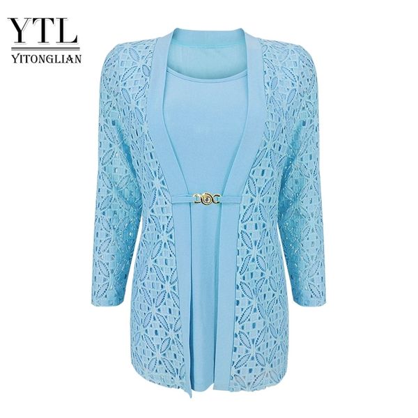 

ytl ladies three quarter sleeve winter crochet patchwork casual t shirt plus size for women 210317, White
