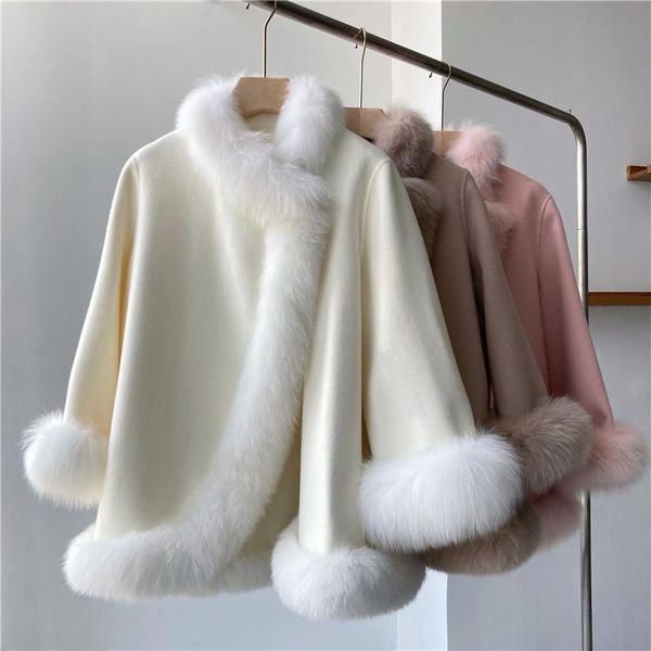 

women's wool & blends female double face real cloak coat plus size fluffy genuine fur collar and cuff cashmere blend outerw, Black