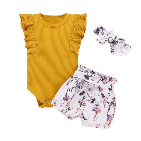 

clothing sets summer born baby girls sleeveless ruffles romper+floral shorts pants+headband kids infant outfits clothes, White