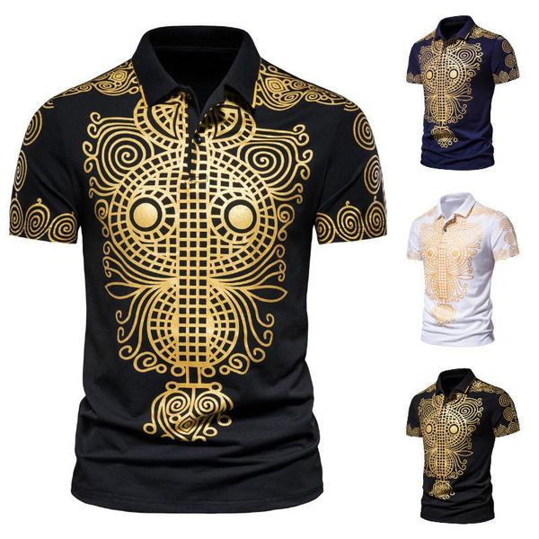 

men's polos 2021 summer casual fashion ethnic style bronzing printing short-sleeved lapel t-shirt shirt xl, White;black