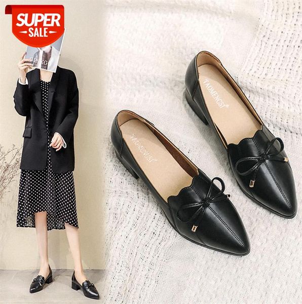 

pointed toe single shoes with thick heel women all-match bow leather shallow mouth professional black work #la4g