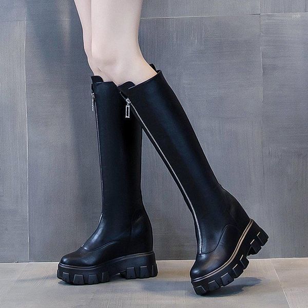 

boots rimocy 2021 winter women chunky platform long front zipper pu leather knee high woman height increasing black botas1
