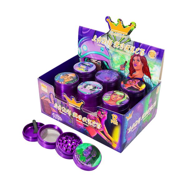 Smerigliatrice per erbe da fumo viola in lega di alluminio all'ingrosso 50 * 43 mm 4 pezzi con modello logo mix smerigliatrice per tabacco in metallo pipa per fumo