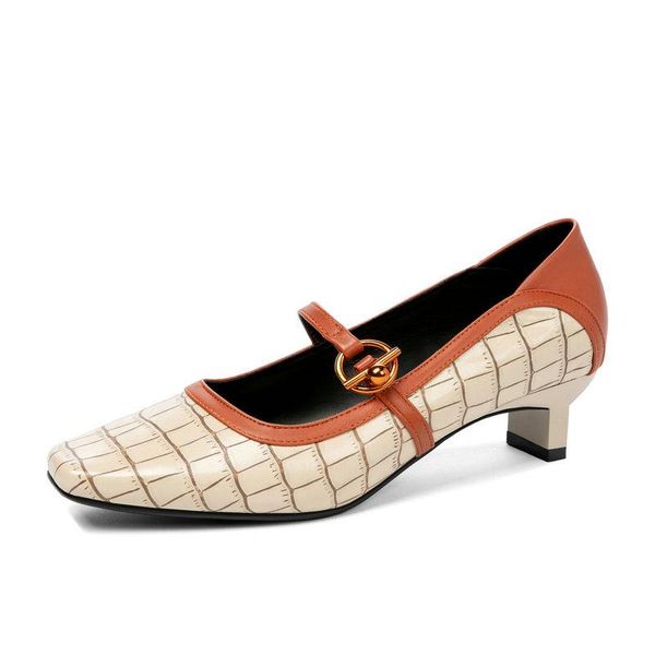 

dress shoes retro square toe genuine leather 4cm high heels party women mary janes quality office ladies, Black