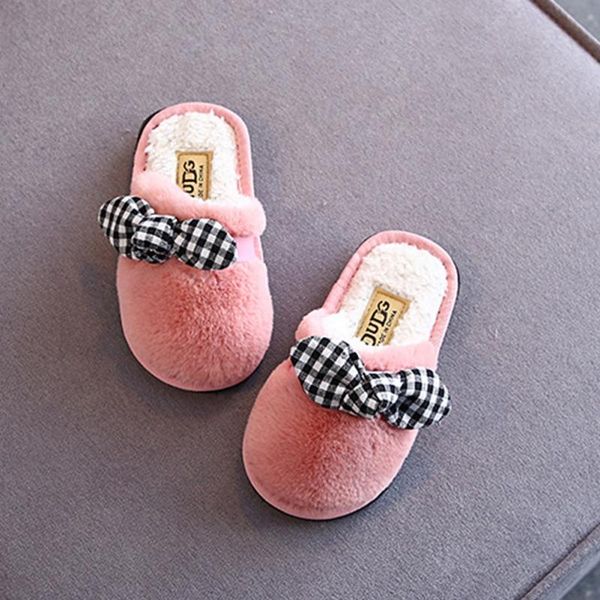 

slipper kids baby girls bow warm thicken indoor floor shoes winter home slippers children cotton soft, Black;grey