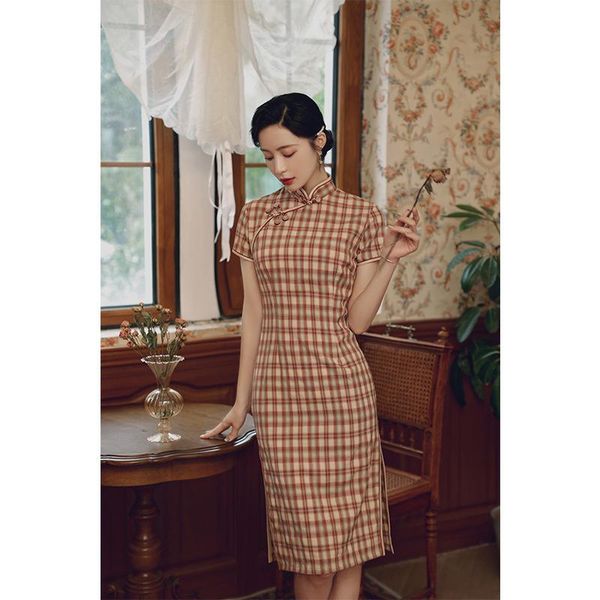

ethnic clothing spring and summer 2021 cotton linen chinese style daily wear slim long plaid print cheongsam female high split qipa, Red