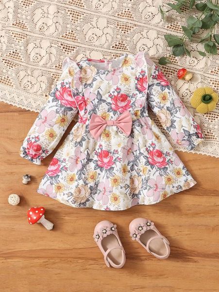

baby allover floral print big bow ruffle trim dress she, Red;yellow