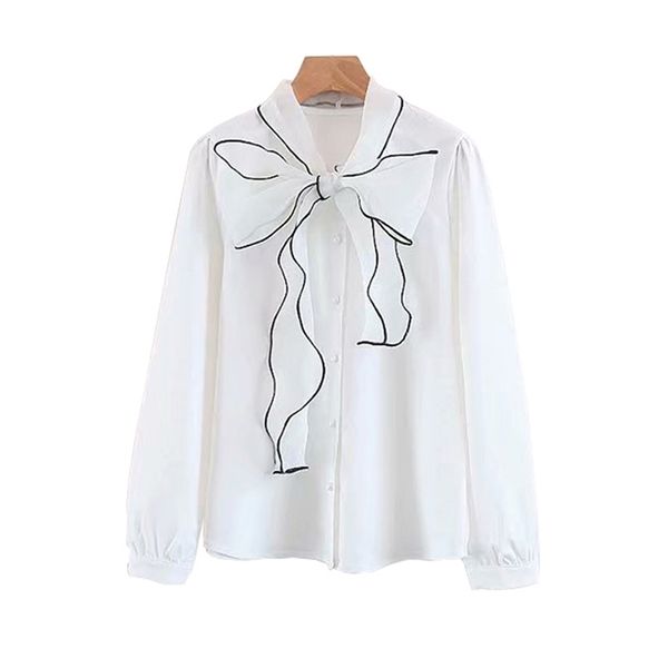 

women white bow solid chiffon shirt long sleeve office lady work ol b0182 210514
