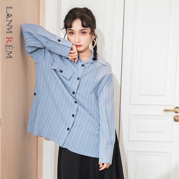 

spring streetwear elegant blue striped long-sleeved single-breasted turn-down collar women's shirts 2a585 210507, White
