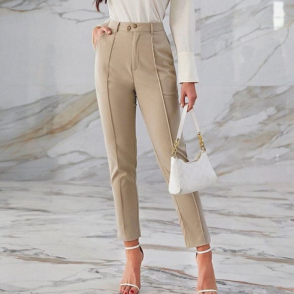 

women's basic dress pants side pockets ankle-length pants business work micro-elastic plain comfort mid waist khaki s  l xl 59c5#, Black;white