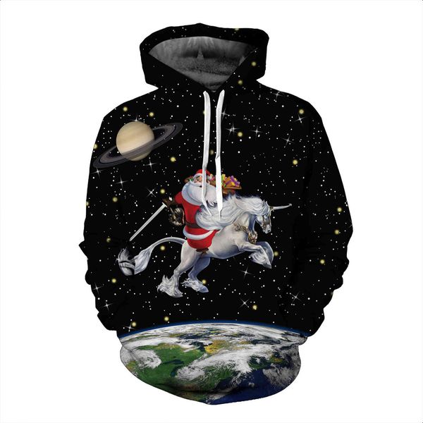 

fashion2021 mens leisure christmas theme funny starry sky pegasus santa claus printed autumn winter large loose hoodie, Black