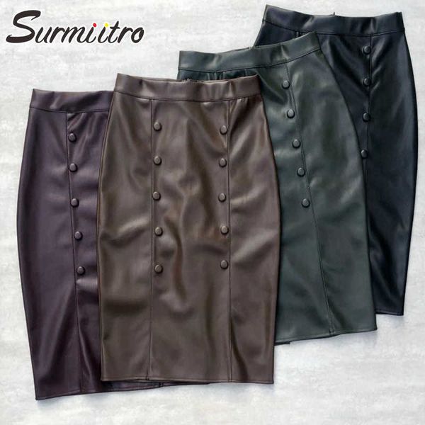 

surmiitro autumn winter pu leather midi skirt women korean style black double breasted high waist pencil split skirt female 210712