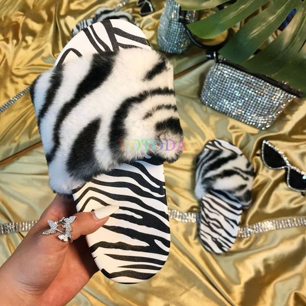 

summer women slippers faux fur ladies leopard zebra pattern slides home flat sandals fashion casual luxury female shoes, Black