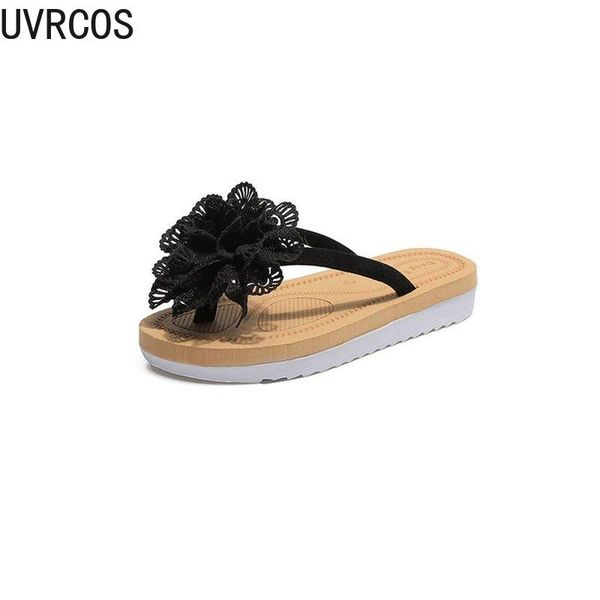 

summer women's slippers fashion simple shoe upper flower embellishment small fresh and sweet platform, Black