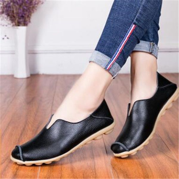 

large size casual women's singles shoes flat heel mother peas shoe nurse tendon low, Black