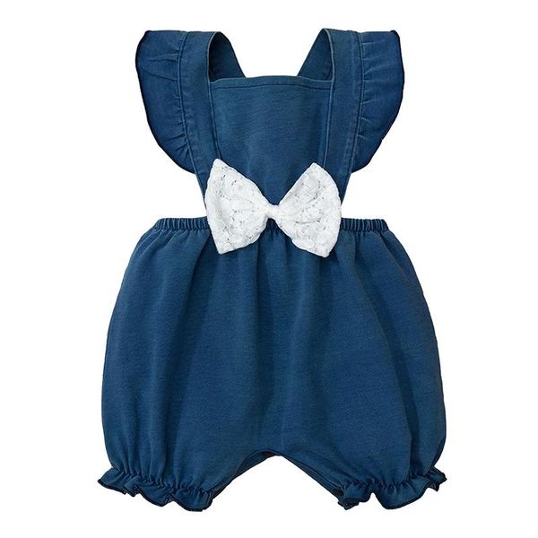

jumpsuits 2021 summer infant born baby girls romper cotton knitted denim one-piece jumpsuit waist bow decoration blue clothes
