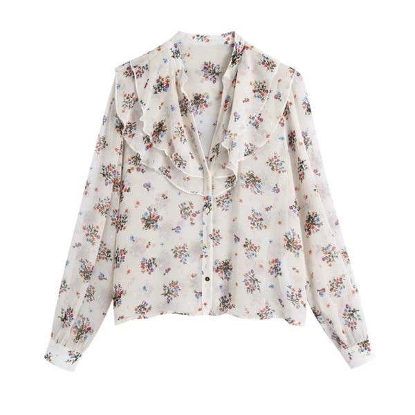 

women flower printing cascading ruffle chiffon shirt female long sleeve blouse casual lady loose blusas s8733 210430, White