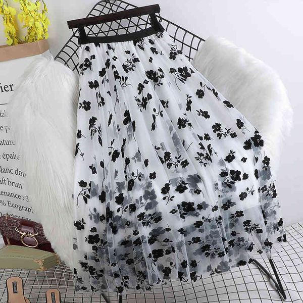 

skirts autumn women mesh female casual voile flowers ladies multilayer a-line mid calf urban swing xvr1, Black