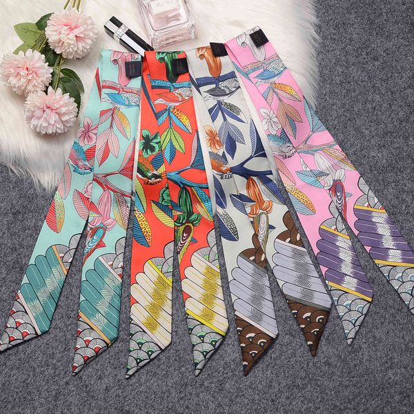 

100% real silk scarf women luxury brand print small scarves for hair neck cover foulard female kerchief bandana 2021 pareo, Blue;gray