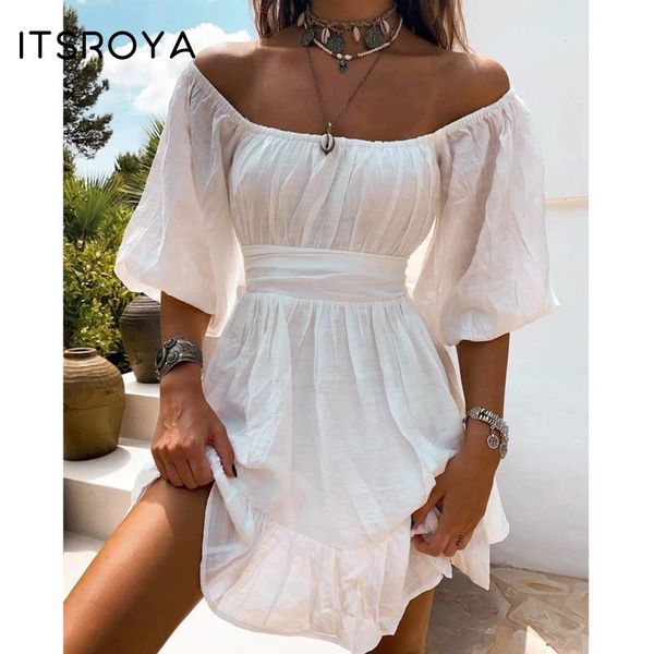 

casual dresses itsroya elegant solid white dress women long sleeves pleated cross back ruffles mini loose female vestidos 2021, Black;gray