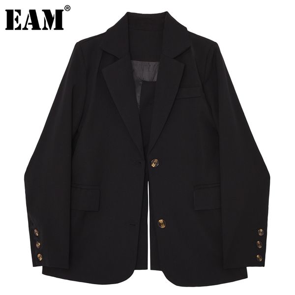 

[eam] women black slit pocket asymmetrical blazer lapel long sleeve loose fit jacket fashion spring autumn 1dd6905 21512, White;black