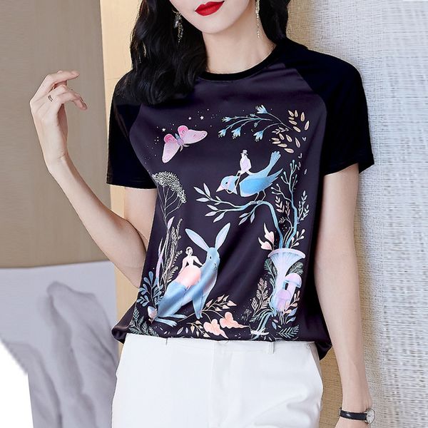 

t shirt south korea dongdamen 2021 summer korean style white, small, fresh and loose print short sleeve satin