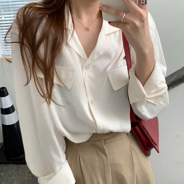 

stylish women chic basic blouses all match streetwear lapel office lady female elegance gentle shirts 210706, White