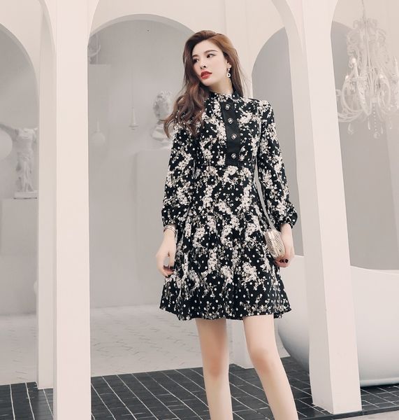 

dresses embroidery autumn designer fashion women allover exquisite embroidery beading buttons long sleeve a-line chic, Black;gray
