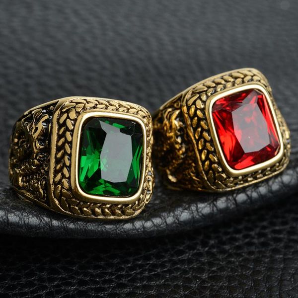 

cluster rings male wide big blue/black/green/ red zircon stone dragon for men titanium steel geometric ring hip hop jewelry, Golden;silver