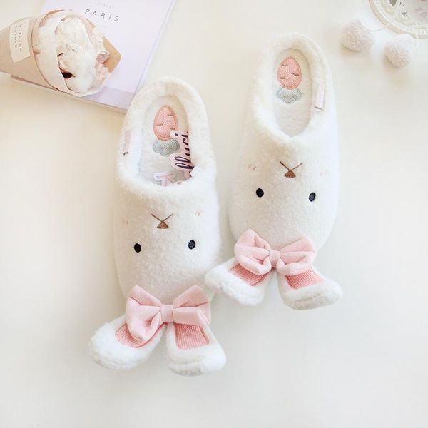 

suihyung winter warm women home slippers lovely big ears plush soft flock girls indoor floor shoes cotton slip on, Black