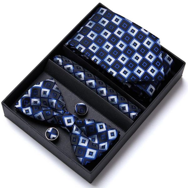 

men fashion blue geometric bowtie formal dress wedding set pocket square cufflinks gift bow ties, Black;gray