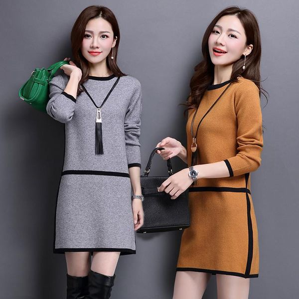 

casual dresses spring sweater female 2021 autumn and winter women's section pullovers dress slim round neck long-sleeved, Black;gray