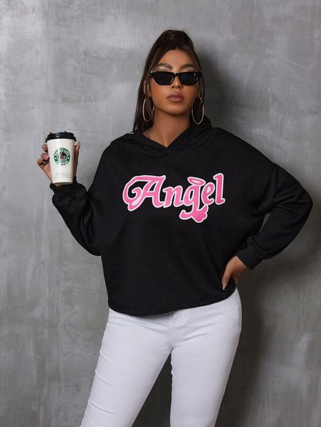 

plus letter graphic drop shoulder hoodie 37yd#, Black