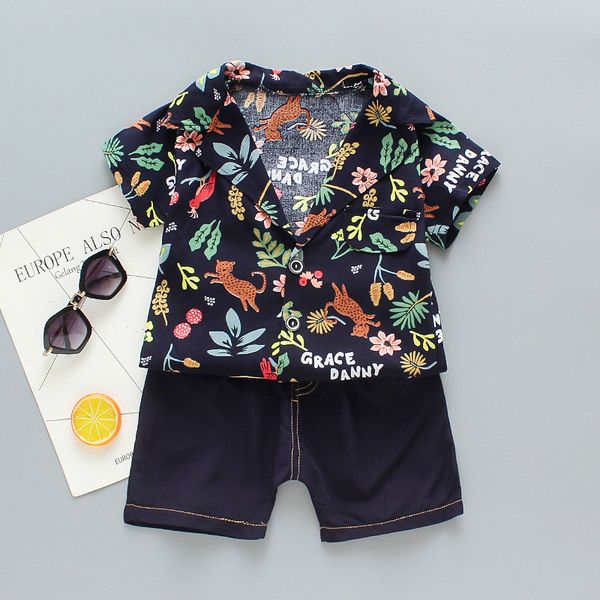 

children summer home clothes boys handsome 0-4 cartoon lapel single breasted short sleeve suit shirt 2 sets, White